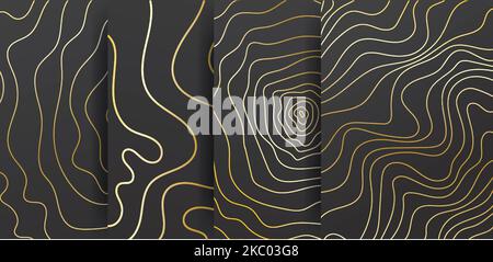Ensemble de textures dorées avec vagues sur fond noir. Illustration vectorielle dorée pour affiche, bannière, prospectus, application mobile. Illustration vectorielle Illustration de Vecteur