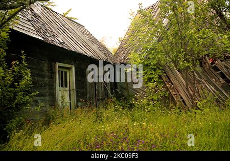 Des granges abandonnées dans le comté de Hunedoara, Roumanie, environ 2001. Banque D'Images