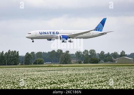 Boeing 787-9 Dreamliner de United Airlines, tel qu'il a été vu lors de l'approche finale en vol et en atterrissage sur la piste de Polderbaan à l'aéroport d'Amsterdam Schiphol AMS EHAM aux pays-Bas, en arrivant de Newark EWR New York, NY, États-Unis sur 30 août 2020. L'avion à corps large moderne avancé a le nouveau schéma de peinture de la décoration et les moteurs de jet GE N24976 et 2x immatriculations. United UA UAL est la troisième compagnie aérienne au monde et membre de l'alliance aérienne Star Alliance. United relie les États-Unis à l'Europe et aux pays-Bas avec des vols de fret et de passagers pendant la période de pandémie du coronavirus Covid-19. Banque D'Images