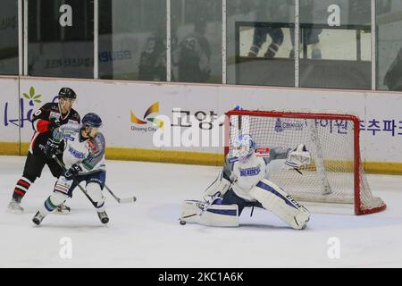 Les lames de glace de Tohoku du Japon et le Haut 1 de la Corée du Sud jouent pendant la Ligue asiatique de hockey sur glace 2015 à Goyang Ice Link à Gyeong Gi, Corée du Sud sur 29 septembre 2015. Match remporté lames de glace Tohoku, score 2-0. (Photo de Seung-il Ryu/NurPhoto) Banque D'Images
