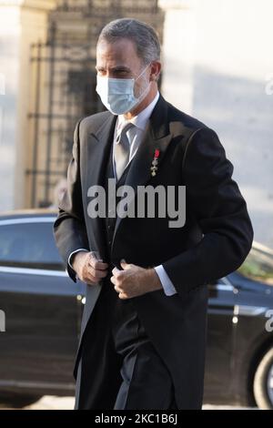 Le roi Felipe VI d'espagne arrive au siège de l'Académie royale espagnole pour assister à l'ouverture de l'année académique des académies royales à Madrid. 7 octobre 2020 espagne (photo par Oscar Gonzalez/NurPhoto) Banque D'Images