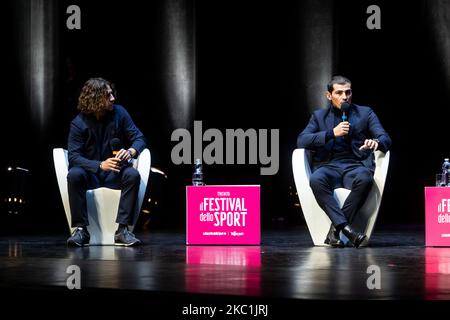 Carles Puyol (L) et Iker Casillas (R) assistent au Festival dello Sport au Teatro Strehler à Milan, Italie, on 11 octobre 2020 (photo de Mairo Cinquetti/NurPhoto) Banque D'Images