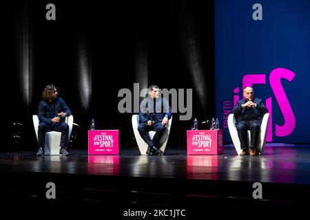 Carles Puyol (L), Iker Casillas (C) et Javier Tebas (R) assistent au Festival dello Sport au Teatro Strehler à Milan, Italie, on 11 octobre 2020 (photo de Mairo Cinquetti/NurPhoto) Banque D'Images