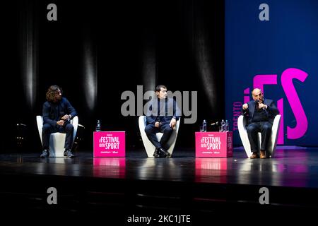 Carles Puyol (L), Iker Casillas (C) et Javier Tebas (R) assistent au Festival dello Sport au Teatro Strehler à Milan, Italie, on 11 octobre 2020 (photo de Mairo Cinquetti/NurPhoto) Banque D'Images