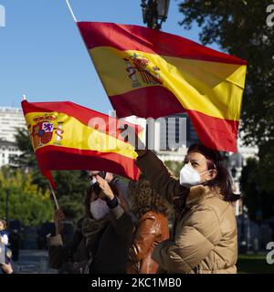 Un groupe de personnes avec des drapeaux de l'Espagne assistent à l'événement organisé à l'occasion de la Journée nationale des fêtes, à Madrid ce lundi, au Palais Royal de 12 octobre 2020 à Madrid, Espagne (photo par Oscar Gonzalez/NurPhoto) Banque D'Images