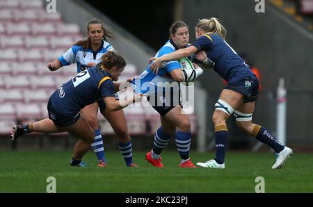 Amy Orrow de Darlington Mowden Park Sharks et El Febrey et Alex Matthews de Worcester Warriors Women lors du match FÉMININ ALLIANZ PREMIER 15S entre Darlington Mowden Park Sharks et Worcester Warriors à la Northern Echo Arena de Darlington, le samedi 17th octobre 2020. (Photo de Chris Booth/MI News/NurPhoto) Banque D'Images