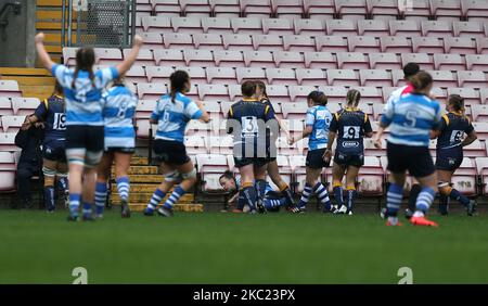 Elissa Jennings, de Darlington Mowden Park Sharks, marque la première tentative de son équipe lors du match FÉMININ ALLIANZ PREMIER 15S entre Darlington Mowden Park Sharks et Worcester Warriors à la Northern Echo Arena de Darlington, le samedi 17th octobre 2020. (Photo de Chris Booth/MI News/NurPhoto) Banque D'Images