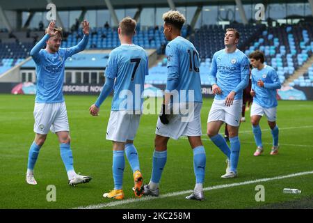 Citys Felix Nmecha fête sa création 1-0 lors du match Premier League 2 entre Manchester City et Leicester City au stade Academy, Manchester, Angleterre, le 18th octobre 2020. (Photo de Chris Donnelly/MI News/NurPhoto) Banque D'Images