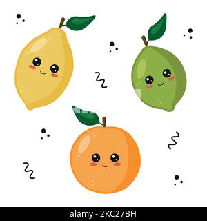 Villes de kawaii. Mignons fruits de dessin animé avec visages kawaii drôles. Citron, orange et citron vert. Illustration vectorielle de style plat isolée sur fond blanc. Illustration de Vecteur