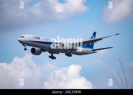 Tous les Boeing 777-300ER de Nippon Airways vus en approche finale avec train d'atterrissage étendu, en vol et prêt pour l'atterrissage à l'aéroport international LHR EGLL de Londres Heathrow, en Angleterre, au Royaume-Uni. L'avion long-courrier à corps large est en vol depuis juin 2019, a l'enregistrement JA795A et est alimenté par 2x moteurs de jet GE. ANA NH est la plus grande compagnie aérienne du Japon, basée dans les aéroports de Tokyo Narita et Haneda et membre du groupe d'aviation Star Alliance. Londres Heathrow, Royaume-Uni sur 19 mars 2020 (photo de Nicolas Economou/NurPhoto) Banque D'Images