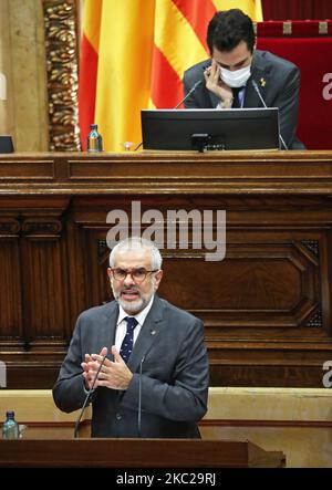 Carlos Carrizosa, de Ciutadans, lors de la session plénière du Parlement de Catalogne, au cours de laquelle la date de 14 février a été annoncée pour tenir les prochaines élections catalanes, à Barcelone le 21th octobre 2020. (Photo de Joan Valls/Urbanandsport/NurPhoto) Banque D'Images