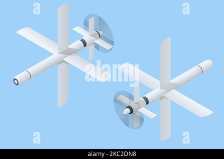 Munition isométrique. Les drones kamikaze attaquent. Technologie militaire sans pilote. Des loiters de munitions d'air autour de la zone cible pendant un certain temps et Illustration de Vecteur