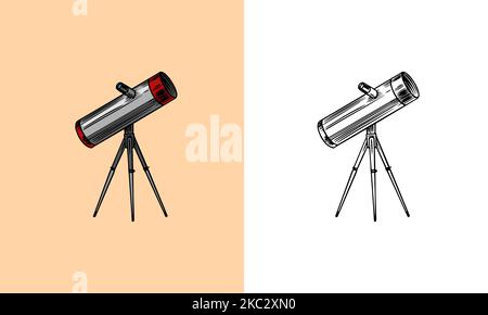 Télescope astronomique, vintage, gravé à la main dessiné en esquisse ou en bois de style coupé, ancien instrument scientifique rétro pour explorer et Illustration de Vecteur
