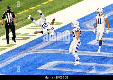 Les Indianapolis Colts qui ont fait la course de retour de Nyheim Hines (21) célèbrent son touchdown lors de la première partie d'un match de football de la NFL contre les Detroit Lions à Detroit, Michigan, États-Unis, dimanche, 1 novembre 2020. (Photo par Amy Lemus/NurPhoto) Banque D'Images