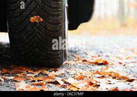 Pneus avec feuilles et voiture sur route mouillée en automne. Conduite brumeuse et dangereuse - concept de sécurité routière. Banque D'Images