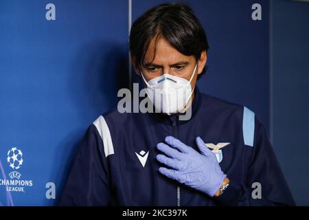 L'entraîneur-chef du Latium Simone Inzaghi lors d'une conférence de presse en prévision du match F du groupe de la Ligue des champions de l'UEFA entre Zenit Saint-Pétersbourg et SS Lazio sur 3 novembre 2020 à l'arène Gazprom de Saint-Pétersbourg, en Russie. (Photo de Mike Kireev/NurPhoto) Banque D'Images