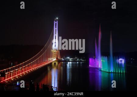 4 nov 2020 - Damyang, Corée du Sud - Une vue nocturne du plus grand lac de Corée du Sud Yedangho et pont suspendu au lac Yedangho à Yesan, Corée du Sud le 31 octobre 2020. Pont suspendu Yedangho est en 06 avril 2019, le pont suspendu Yedangho est le plus long pont suspendu de Corée avec une longueur de 402 mètres. Avec une route Slow Lake ouverte en octobre 2019, la promenade du pont suspendu à la route offre un paysage magnifique. (Photo de Seung-il Ryu/NurPhoto) Banque D'Images