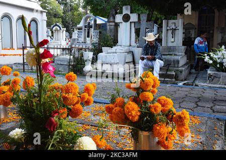 Morelia, Apitzangan, Mexique. 02nd novembre 2022. Du 30 octobre au 2 novembre 2022, Mexico, Mexique - Dia de Muertos est le jour traditionnel des morts où les morts sont rappelés comme des parents nettoient leurs tombes, les adorent avec des fleurs et passent une journée au cimetière, à boire et à manger. Une autre tradition sont les autels, consacrés à des parents ou des amis, avec les fleurs typiques des Marigolds orange (cempasuchil). (Photo de Teun Voeten/Sipa USA) crédit: SIPA USA/Alay Live News Banque D'Images