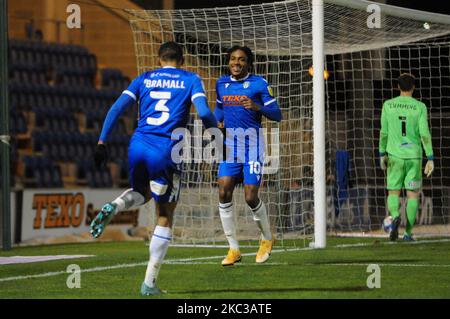 Colchesters Jevani Brown célèbre son troisième but lors du match Sky Bet League 2 entre Colchester United et Stevenage au Weston Homes Community Stadium, à Colchester, le mardi 3rd novembre 2020. (Photo de Ben Pooley/MI News/NurPhoto) Banque D'Images