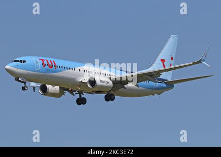 Un Boeing 737 de TUI Airways débarque à l'aéroport de Newcastle le 23rd juillet 2019 (photo de Robert Smith/MI News/NurPhoto) Banque D'Images