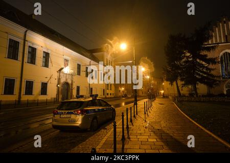 Une voiture de police garée devant le Palais des évêques de Cracovie dans la rue Franciszkanska, juste après le programme TVN 24 'sur Stanislao. Le deuxième visage du cardinal Dziwisz' de Marcin Gutowski. L'archevêque Karol Wojtyla (plus tard le pape Jean-Paul II) est resté au 3, rue Franciszkanska, de 1963 à 1978, lorsqu'il a été élu Pape. En octobre 1966, le père Dziwisz a été nommé secrétaire personnel par l'archevêque Wojtyla. Dziwisz est resté dans cette position jusqu'à la mort de Wojtyla en 2005. Selon les documents recueillis par l'auteur du rapport, le cardinal Dziwisz avait connaissance de nombreux pédophiles Banque D'Images