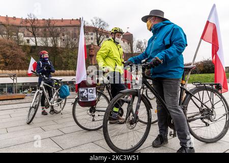 Les membres de la commission d'opposition de la défense de la démocratie (KOD) sont vus dans des masques protecteurs par leurs vélos lors d'une balade à vélo « arc-en-ciel » le jour de l'indépendance à Vistule Boulevards près du château royal de Wawel dans la vieille ville de Cracovie, en Pologne, sur 11 novembre 2020. KOD manifeste son soutien envers les groupes LGBT et minoritaires ainsi que récemment un mouvement d'opposition fort - la grève des femmes. (Photo par Dominika Zarzycka/NurPhoto) Banque D'Images