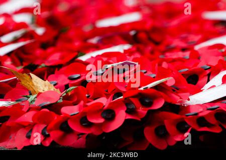 Des couronnes de pavot marquant le jour de l'armistice se reposent au pied du mémorial de guerre de Cenotaph, à Whitehall, à Londres, en Angleterre, sur 11 novembre 2020. (Photo de David Cliff/NurPhoto) Banque D'Images