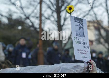 Les participants manifestent contre la nouvelle objection de construction de la base militaire américaine à la place de la gare de Pyeongtaek, en Corée du Sud, le 11 décembre 2005. Le camp Humphreys est une garnison de l'armée américaine située près des zones métropolitaines d'Anjeong-ri et de Pyeongtaek en Corée du Sud. Le camp Humphreys abrite l'aérodrome de l'armée Desiderio, l'aérodrome de l'armée américaine le plus achalandé d'Asie, avec une piste de 8 124 pieds. En plus de l'aérodrome, il y a plusieurs unités de soutien direct, de transport et de tactique de l'armée américaine, y compris la Brigade de l'aviation de combat, 2nd Division d'infanterie. La garnison ha Banque D'Images