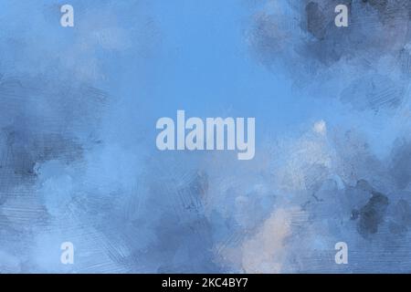 Résumé bleu clair et huile grisâtre peinture arrière-plan avec des coups de pinceau imitant les nuages dans le ciel. Peinture à l'huile numérique plein format sur toile. Banque D'Images