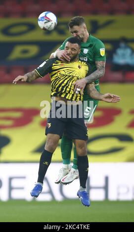 Watford's Troy Deeney et Preston North End's Patrick Bauer pendant le championnat entre Watford et Preston North End au stade Vicarage Road, Watford, Royaume-Uni, le 28th novembre 2020 (photo par action Foto Sport/NurPhoto) Banque D'Images