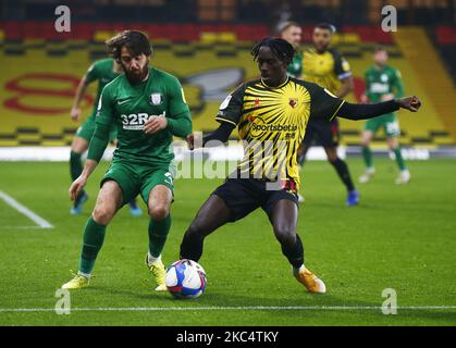 Watford Dominges Quina sous la pression de Preston North End Ben Pearson pendant le championnat entre Watford et Preston North End au stade Vicarage Road, Watford, Royaume-Uni, le 28th novembre 2020 (photo par action Foto Sport/NurPhoto) Banque D'Images