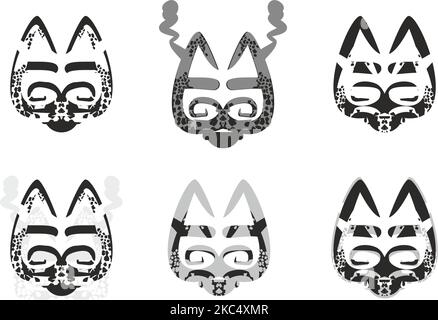 Icônes créatives de la tête de chat avec une touche noir-gris isolée sur un fond blanc. Têtes de chat stylisées comme un super-héros pour les logos, les imprimés, la broderie, le tissu Banque D'Images