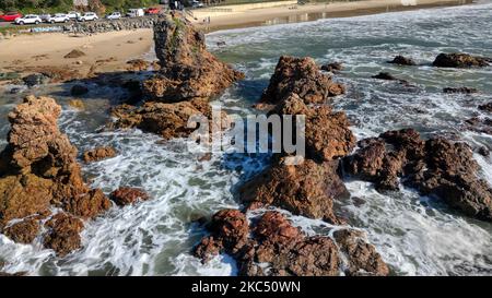 Une vue aérienne de la plage de Flyns par une journée ensoleillée à Port Macquarie, en Australie Banque D'Images