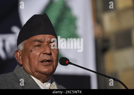 RAM Chandra Paudel, chef du Congrès népalais, s'adressant aux cadres du Congrès népalais, des partisans ont participé lundi au rassemblement national contre le Parti communiste népalais (NCP) et le gouvernement, appelant le gouvernement à la corruption, à la mauvaise gouvernance à Katmandou, au Népal, à 14 décembre 2020. (Photo de Narayan Maharajan/NurPhoto) Banque D'Images