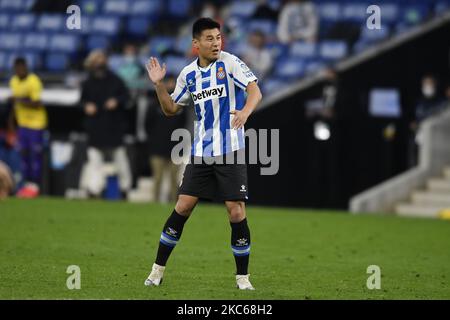 Wu Lei (7) du RCD Espanyol se réchauffe avant le match des dix-neuf de l'espagnol la Liga SmartBank entre le RCD ESPANYOL et UD ALMERIA au stade RCDE à Barcelone, Espagne. 20 décembre,2020 -- (photo par Urbanandsport/NurPhoto) Banque D'Images