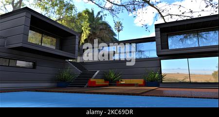 Patio élégant dans l'arrière-cour d'une maison moderne écologique, où des canapés et une table confortable s'assoient sur une terrasse en bois près de la piscine. Ambiance paisible Banque D'Images