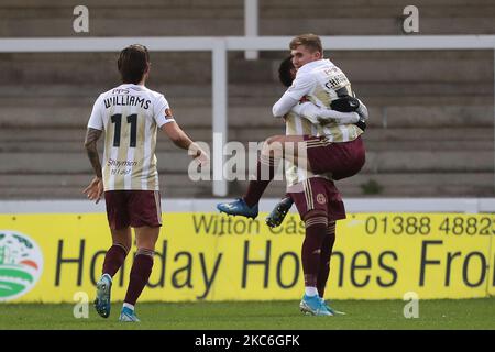 Billy Chadwick de Halifax Town célèbre son premier but lors du match de la Vanarama National League entre Hartlepool United et le FC Halifax Town à Victoria Park, à Hartlepool, le samedi 26th décembre 2020. (Photo de Mark Fletcher/MI News/NurPhoto) Banque D'Images