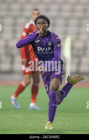 Chris Lokesa de RSCA futures célèbre après avoir obtenu son score lors d'un match de football entre RSCA futures (U23) et SL16 (Standard U23), le vendredi 04 novembre 2022 à Bruxelles, le 12 e jour de la 2022-2023 « Challenger Pro League », 1B deuxième division du championnat belge. BELGA PHOTO BRUNO FAHY Banque D'Images