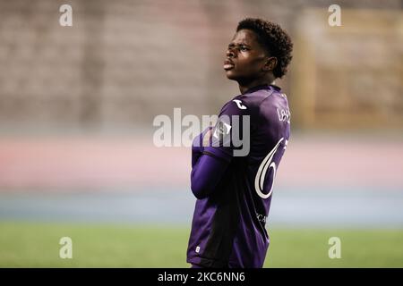 Chris Lokesa de RSCA futures célèbre après avoir obtenu son score lors d'un match de football entre RSCA futures (U23) et SL16 (Standard U23), le vendredi 04 novembre 2022 à Bruxelles, le 12 e jour de la 2022-2023 « Challenger Pro League », 1B deuxième division du championnat belge. BELGA PHOTO BRUNO FAHY Banque D'Images