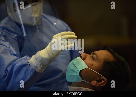 Un personnel de santé népalais recueille un échantillon d'écouvillonnage nasal d'un membre de l'Assemblée nationale pour un test PCR du coronavirus afin de reprendre la session d'hiver de l'Assemblée nationale du vendredi au Parlement fédéral à Katmandou, Népal jeudi, 07 mai 2020. (Photo de Narayan Maharajan/NurPhoto) Banque D'Images