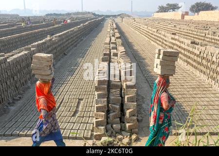 Les travailleuses de Brickfield travaillent à brickfields à Narayanganj, près de Dhaka, au Bangladesh, sur 02 janvier 2021. (Photo de Kazi Salahuddin Razu/NurPhoto) Banque D'Images