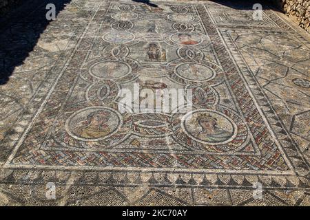 Dionysos et l'allégorie des quatre saisons, détail de la mosaïque dans la Maison de Dionysos et four Seasons dans l'ancienne ville romaine de Volubilis à Meknes, Maroc, Afrique. Volubilis est une ville romaine en partie excavée construite au 3rd siècle avant Jésus-Christ comme un village phénicien (et plus tard carthaginois). Le site a été fouillé et a révélé de nombreuses mosaïques fines, y compris certains des bâtiments publics les plus importants et des maisons de haute qualité ont été restaurés ou reconstruits. Aujourd'hui, c'est un site classé au patrimoine mondial de l'UNESCO , classé comme un exemple exceptionnellement bien préservé d'une grande colonia romaine Banque D'Images