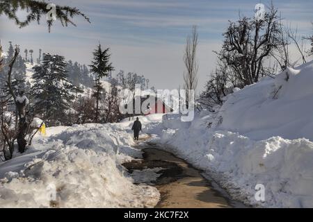 Un homme marche sur une zone enneigée de Hajibal à la périphérie du district de Baramulla Jammu-et-Cachemire Inde le 14 janvier 2021 (photo de Nasir Kachroo/NurPhoto) Banque D'Images