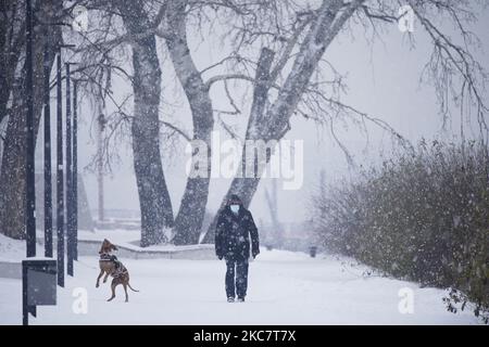 Un homme marche un chien le long de la Vistule à Varsovie, en Pologne, sur 19 janvier 2021. La période de confinement actuelle qui a débuté l'année dernière sur 28 décembre a été prolongée de deux semaines jusqu'au début de février pour contenir la propagation du coronavirus. Le système de santé de la Pologne a été submergé ces derniers mois par une forte augmentation des infections. Cependant, les propriétaires d'entreprises repoussent à exiger que le gouvernement modifie les réglementations pour permettre aux restaurants, gymnases, hôtels et autres entreprises de s'ouvrir en raison des pressions financières. (Photo de Jaap Arriens/NurPhoto) Banque D'Images