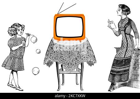 Vieux rétro Orange TV sur une table avec maman avec guide TV et la fille jouant des bulles de savon attendant de voir la TV. Illustration en style gravure Banque D'Images