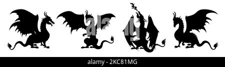 Dragons noir silhouette avec ailes. Dragon médiéval. Illustration vectorielle isolée de l'arrière-plan. Illustration de Vecteur