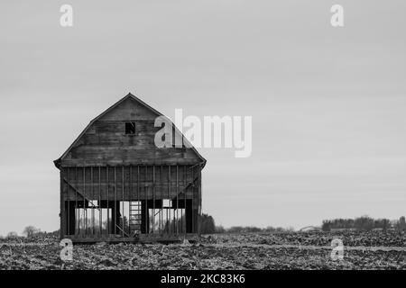 Une photo en échelle de gris d'une ancienne grange en bois parmi les champs agricoles Banque D'Images