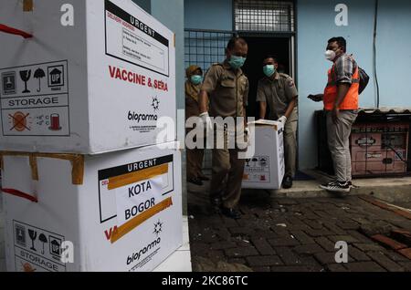 Les travailleurs transportent des boîtes de transport du vaccin COVID-19 de Sinovac Biotech Ltd. En tant que partenaires de PT Biofarma, propriété de l'État, pour le coronavirus COVID-19 de Bogor Regional public Health à Bogor, Java Ouest, Indonésie, on 26 janvier 2021. L'Indonésie a signalé 1 millions de cas confirmés de COVID-19, 820 356 cas récupérés mardi (photo par Adriana Adie/NurPhoto) Banque D'Images