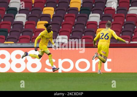 L'amiral Muskwe de Wycombe Wanderers célèbre après avoir marquant son deuxième but lors du match du championnat Sky Bet entre Brentford et Wycombe Wanderers au stade communautaire de Brentford, Brentford, en Angleterre, le 30th janvier 2021. (Photo de Juan Gasparini/MI News/NurPhoto) Banque D'Images