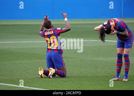 Asisat Oshoala célébration du but pendant le match entre le FC Barcelone et le Real Madrid CF, correspondant à la semaine 18 de la ligue espagnole de femmes Primera Iberdrola, joué au stade Johan Cruyff, le 31th janvier 2021, à Barcelone, Espagne. -- (photo par Urbanandsport/NurPhoto) Banque D'Images